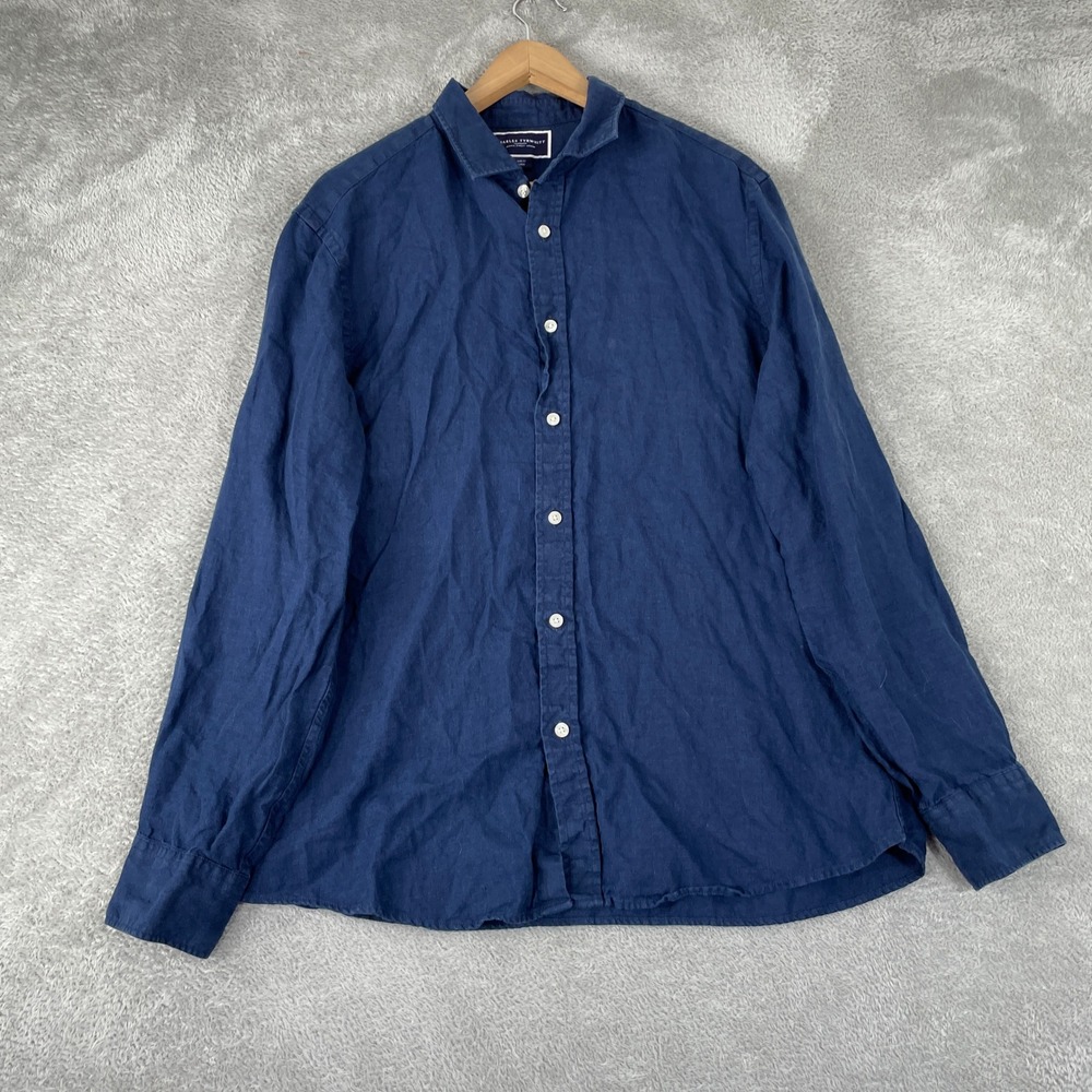 Charles Tyrwhitt Shirt Mens Large Navy Blue Slim Fit Linen Long Sleeve
